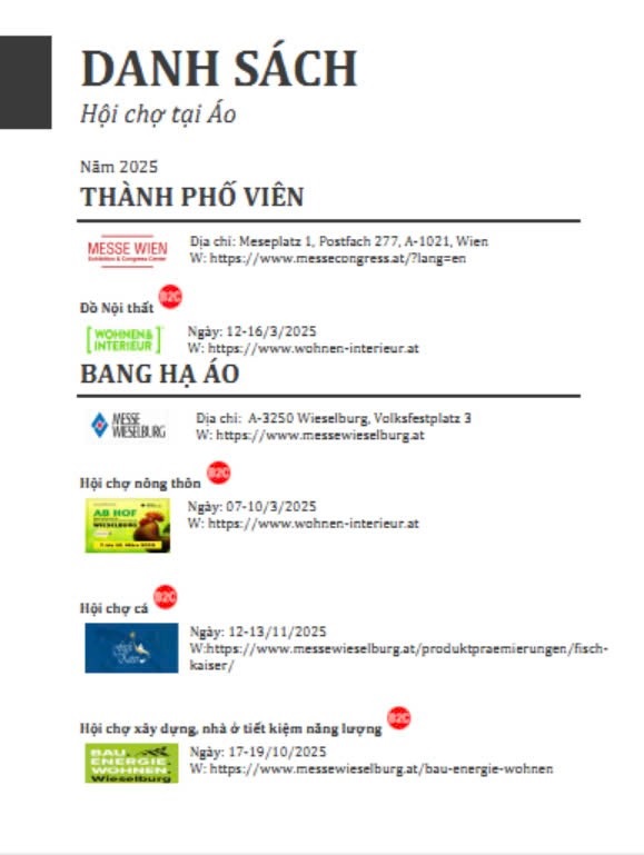 Danh sách Hội chợ tại Áo năm 2025